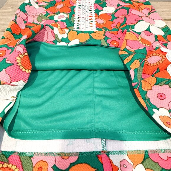 Eliza J 60's Mod Style Green Pink Floral Flower Print Embroidered Dress 2 Retro - Picture 10 of 10